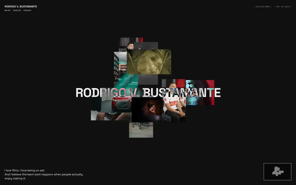 Startseite von bustamante-films.com: der Name Rodrigo V. Bustamante über einer Collage aus Filmbildern.